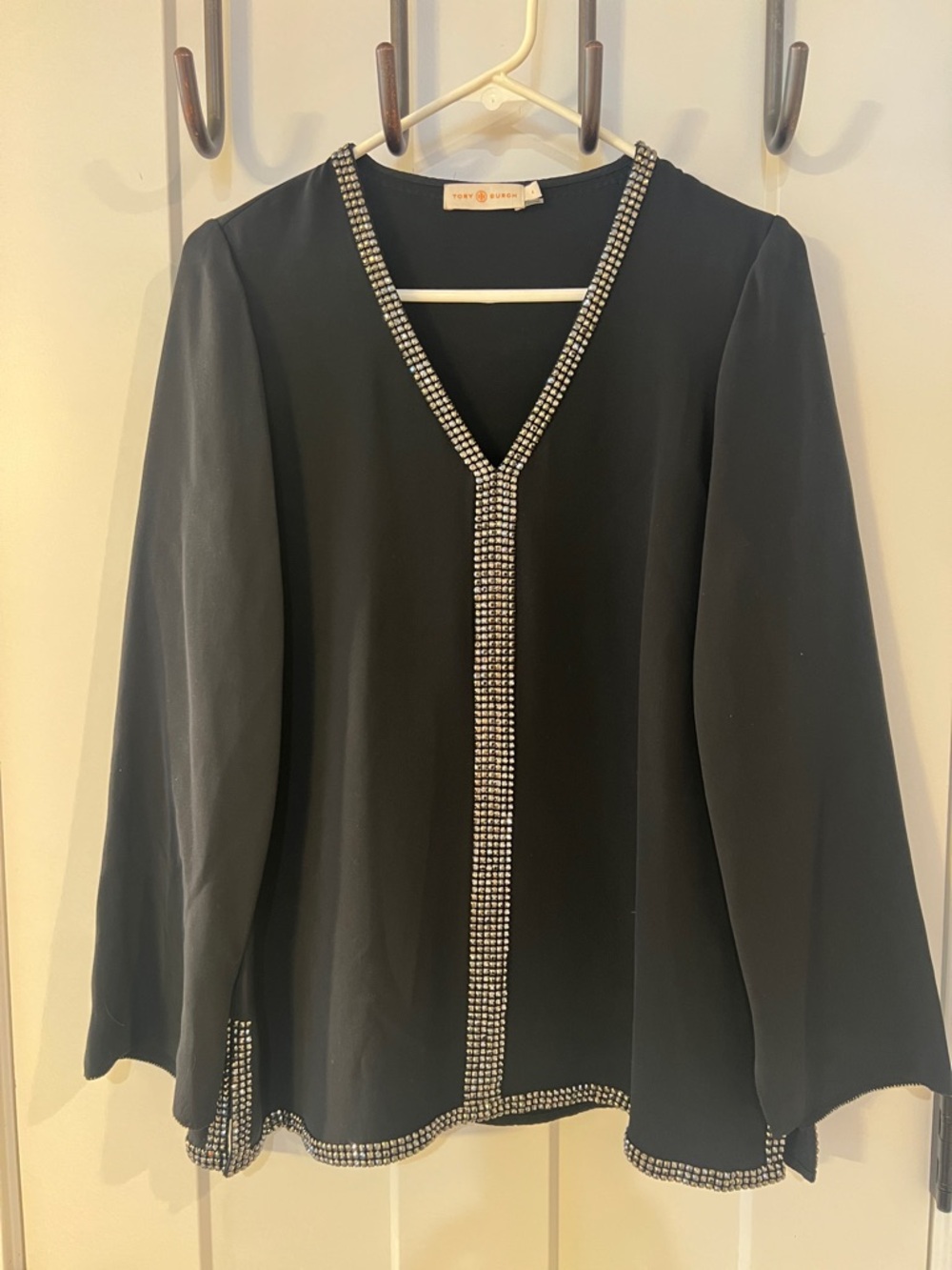 Tory Burch Silk Embellished Tunic Top Black Crystal Trim Boho Size 4